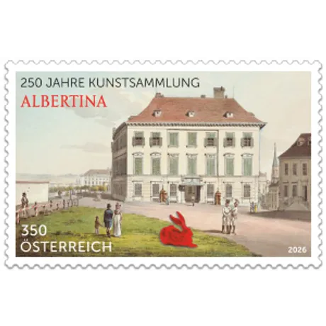 250 Jahre Albertina Briefmarke Österreich 2026: Albertina-Gebäude mit Vorplatz, Figuren und rotem Hasen; Text „250 Jahre Kunstsammlung“