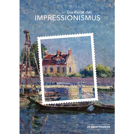 Briefmarken-Set Österreich 2023: 'Die Kunst des Impressionismus' mit einem Gemälde eines Hauses am Fluss.