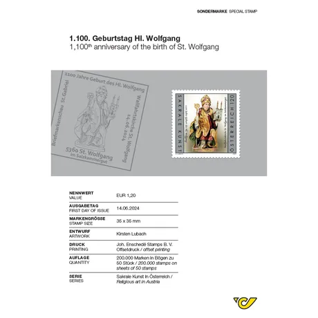 ABH_Juni24_Hl_Wolfgang Briefmarke Österreich 2024, Nominale 1,20 €: 1.100 Jahre Hl. Wolfgang, Motiv sakrale Kunst.