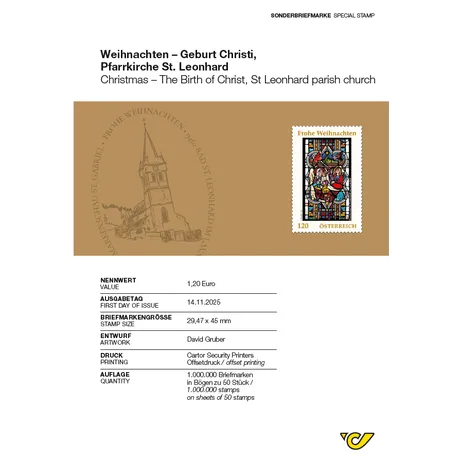 Briefmarke Weihnachten 2025 – Geburt Christi in der Pfarrkirche St. Leonhard. Darstellung der Heiligen Familie in traditioneller christlicher Ikonografie, Nennwert 1,20 Euro, Entwurf von David Gruber, Offsetdruck, Ausgabetag 14.11.2025 Briefmarke Weihnachten 2025 – Geburt Christi in der Pfarrkirche St. Leonhard. Darstellung der Heiligen Familie in traditioneller christlicher Ikonografie, Nennwert 1,20 Euro, Entwurf von David Gruber, Offsetdruck, Ausgabetag 14.11.2025