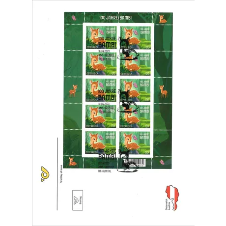 Austrian Post stamp sheet '100 Years of Bambi', 2023, €1.20 denomination, featuring Bambi in a forest scene.