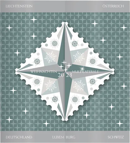 Austrian Post 2023 Christmas stamp: Multilateral design with snowflakes and star motif, green background.