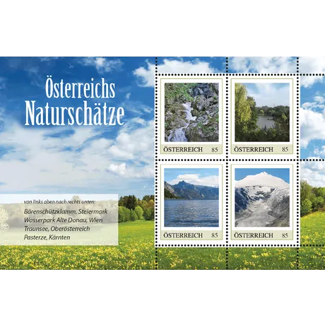 Briefmarken-Set Österreich 2023, Nominale 0,85 €: Bärenschützklamm, Alte Donau, Traunsee, Pasterze. 'Österreichs Naturschätze'.