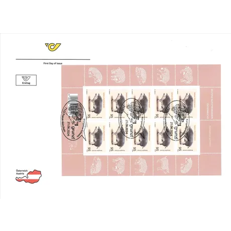 FDC-KB_Mangaliza-Schwein_0624 Briefmarkenblock Österreich 2024, 0,95€: Mangalitza-Schwein, Teil der Serie 'Seltene Nutztierrassen Österreichs', Ersttagsbrief.