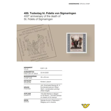 Austrian Post stamp 2022, €1.35: 400th anniversary of St. Fidelis of Sigmaringen's death, religious art theme.
