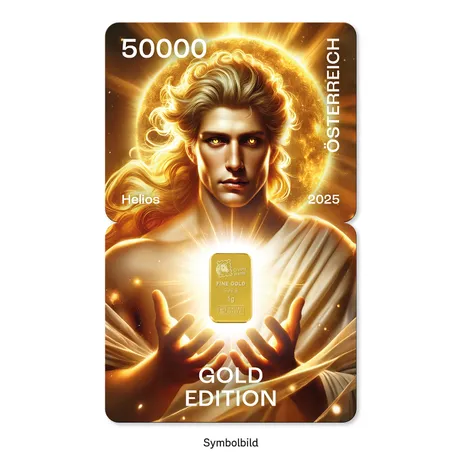 Crypto stamp Gold Edition featuring the sun god Helios. Golden design with Helios in the center holding a glowing gold bar. Text includes “FINE GOLD 999.9 1g”, “AUSTRIA”, “2025” and “GOLD EDITION”. Value “50000” shown in the top left corner. Crypto stamp Gold Edition featuring the sun god Helios. Golden design with Helios in the center holding a glowing gold bar. Text includes “FINE GOLD 999.9 1g”, “AUSTRIA”, “2025” and “GOLD EDITION”. Value “50000” shown in the top left corner.