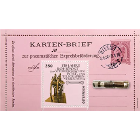 225060-150-Jahre-Rohrpost-ONLINESHOP Briefmarke Österreich 2021, Nominale 3,50 €: 150 Jahre Rohrpost, mit rosa Kartenbrief und Rohrabbildung.