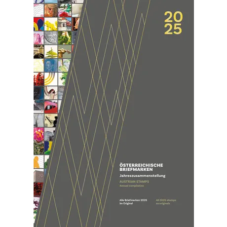 Annual Compilation 2025 Alt text: Annual compilation “Austrian Stamps 2025” with colorful stamp collage and yellow line pattern on grey background.