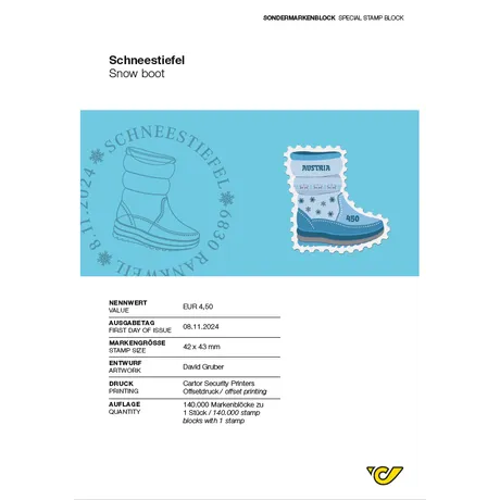 ABH_SCHNEESTIEFEL_1124_1_Frei Austrian Post special stamp block 2024: 'Snow Boot', €4.50, blue design with snowflakes, issued 08.11.2024.