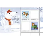 Briefmarkenblock Österreich 2023 mit Wintermotiven: Fuchs auf Eis (€0,95), Fuchs mit Geschenken (€0,95) und zwei leere Marken (€0,25 je).