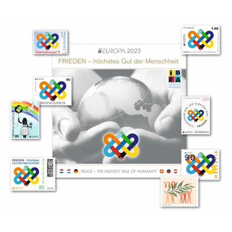EUROPA 2023 stamp collection 'Peace – The Highest Value of Humanity' featuring Austria's €1.20 stamp and others.