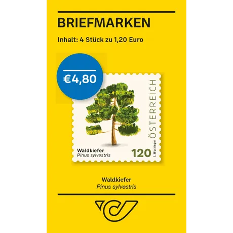 Briefmarkenset der Österreichischen Post: 4 Briefmarken zu je 1,20 €, Motiv Waldkiefer. Gesamtpreis: 4,80 €.