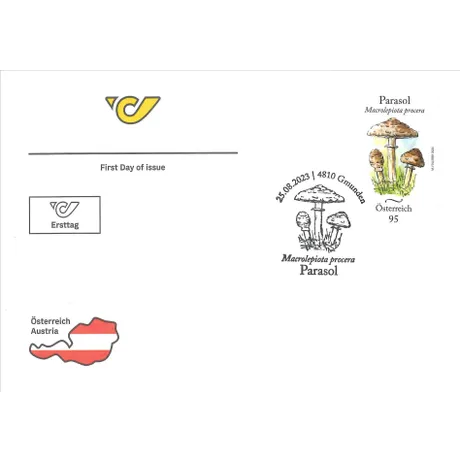 8d10154c2a12a8170b9ffea6c9ecddbf2266b158.jpg First day cover with Austrian Post stamp 2023, 0.95 Euro: Parasol mushroom illustration, postmark Gmunden.