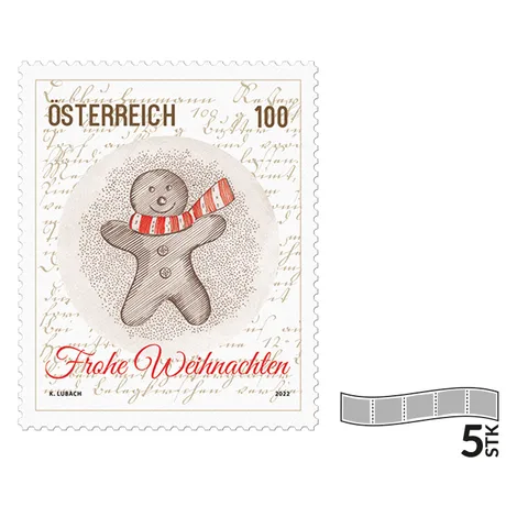 Austrian stamp 2022, nominal value 1.00 Euro: Gingerbread figure with red scarf, &#039;Merry Christmas&#039; text.