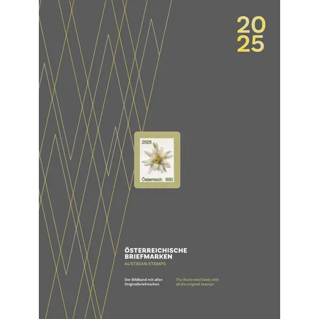 Buchcover „Österreichische Briefmarken 2025“ mit Edelweiß-Briefmarke auf grauem Hintergrund und gelbem Linienmuster.