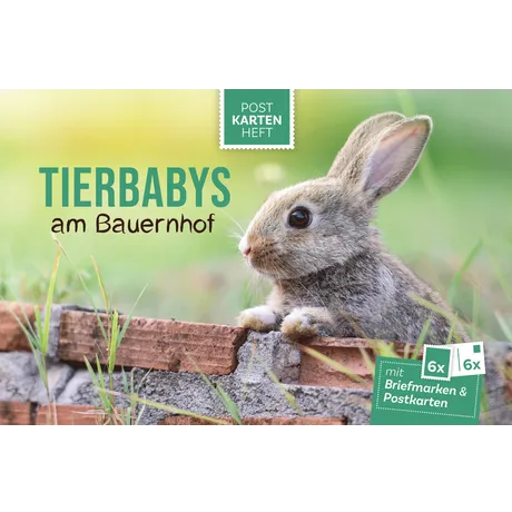 Austrian Post postcard booklet 'Baby Animals on the Farm' with stamps and postcards, featuring a rabbit on a brick wall.