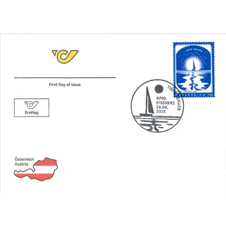 FDC_Trauer-2025_0425 Ersttagsbrief der Österreichischen Post mit Briefmarke 2025 'Tiefe Trauer', Nominale 1,00 Euro, und Stempel Eisenzerz.