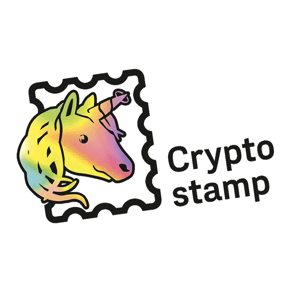 Österreichische Post Crypto Stamp mit einem bunten Einhornkopf in einer Briefmarkenumrandung.