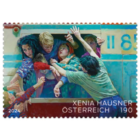 Austrian stamp 2024, nominal value 1.90 euros: Artwork by Xenia Hausner showing people reaching out from a train.
