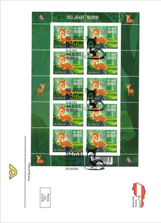 58f9c537a499ed5fb3ad6d3154a5691843e65f5f.jpg Briefmarkenblock der Österreichischen Post '100 Jahre Bambi', 2023, Nominale 1,20 €, mit Bambi in Waldszene.