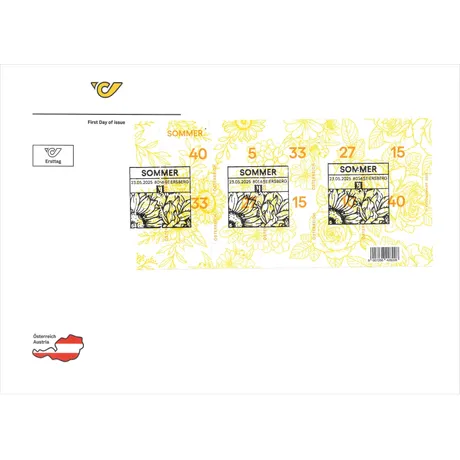 Austrian Post first day cover with 'Summer' 2025 stamps featuring floral designs and values of 5, 15, 27, 33, and 40 cents.