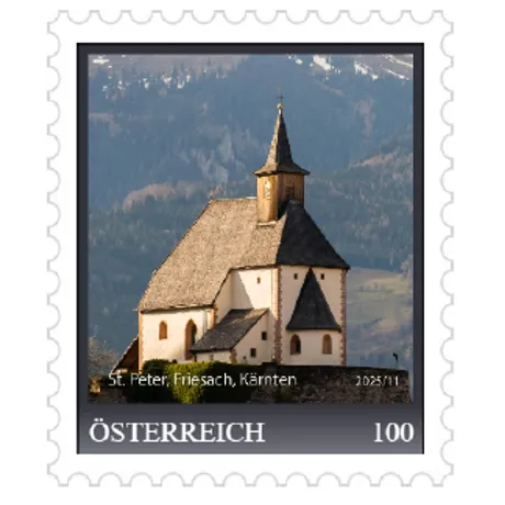 Historic village church St. Peter in Friesach Carinthia set against alpine scenery steep shingle roof and distinctive tower clear architecture Nominal 100 Austria Issue 2025 Series Village Churches