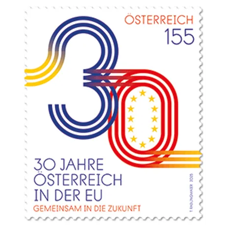 Briefmarke mit Zahl 30 und EU-Sternen. Text: 30 Jahre Österreich in der EU. Nominale 155, Österreich, Jahr 2025.