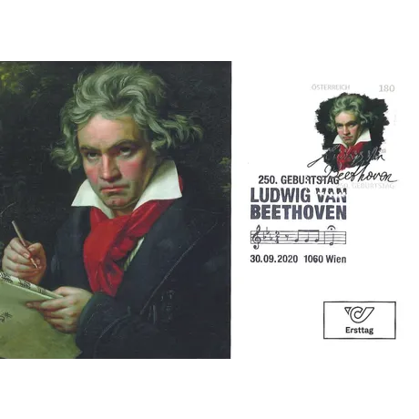 Austrian Post stamp, 2020, €1.80: Ludwig van Beethoven's 250th birthday, portrait and musical notes, First Day issue.
