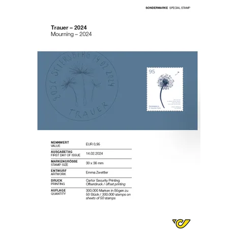 Briefmarke Österreich 2024, Nominale 0,95 €, Motiv Pusteblume, Ausgabe 14.02.2024, Entwurf von Emma Zwettler.