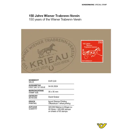 324230 Briefmarke Österreich 2024, Nominale 3,50 €: 150 Jahre Wiener Trabrenn-Verein, rotes Design mit Pferd und Sulky.