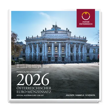 Cover of the official Austrian Euro Coin Set 2026 with a grey background and photo of the Vienna Burgtheater celebrating its 250th anniversary. Issued by Münze Österreich.