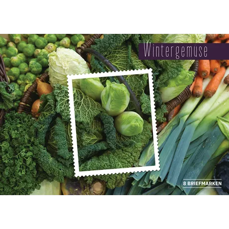 Briefmarkenset der Österreichischen Post 'Wintergemüse' mit Kohl, Lauch und Karotten. Enthält 8 Briefmarken.