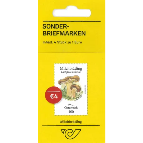 Sondermarkenset mit vier Briefmarken Milchbrätling Lactifluus volemus. Nominale 100, Österreich, Jahr 2015. Sondermarkenset mit vier Briefmarken Milchbrätling Lactifluus volemus. Nominale 100, Österreich, Jahr 2015.