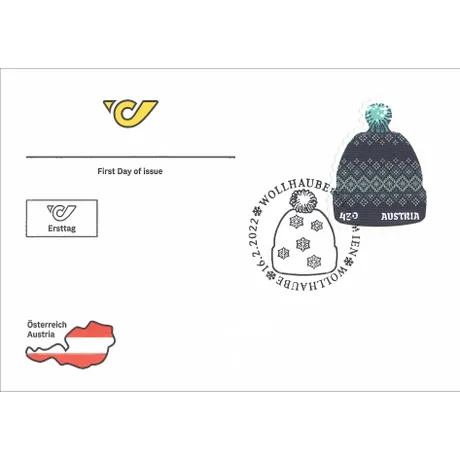 First day cover with Austrian Post logo, Austria map, and 2022 stamp 'Wool Hat' (€4.20).