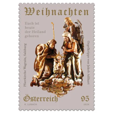 Austrian stamp 2023, nominal value 0.95 euros: Christmas motif with nativity scene from Wagrain parish church.