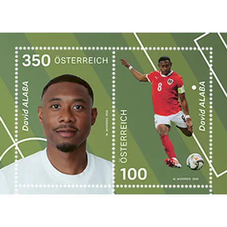 David Alaba Briefmarke Österreich 350 und 100: Porträt und Fußballszene, Name „David Alaba“, grünes Design mit Linien