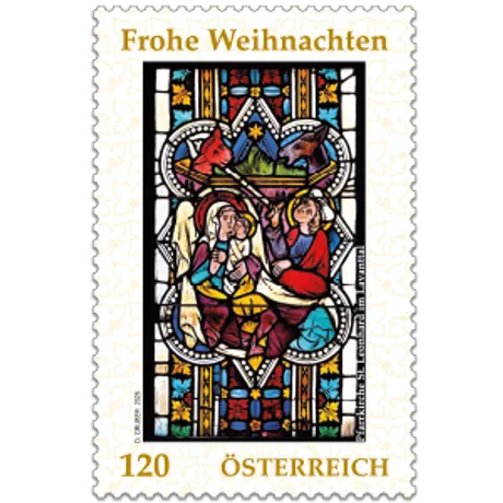 Stamp with religious Christmas motif. Depiction of the Nativity in St. Leonhard parish church. Mary, Joseph and baby Jesus in the center, surrounded by angels and shepherds in a sacred setting. Stamp with religious Christmas motif. Depiction of the Nativity in St. Leonhard parish church. Mary, Joseph and baby Jesus in the center, surrounded by angels and shepherds in a sacred setting.