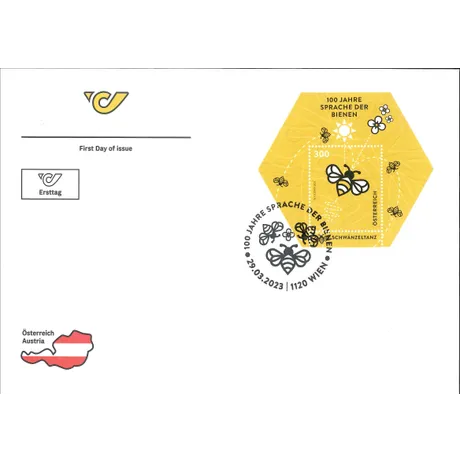 1ea111c7f7473197ffe4a38376c44f699493947d.jpg Austrian Post first day cover with stamp 'Austria 2023, 3.00 Euro: 100 Years of Bee Language' featuring bees and a hexagonal design.