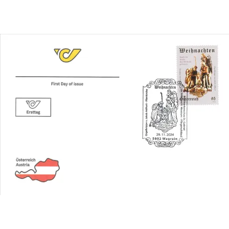 Ersttagsbrief mit Briefmarke Österreich 2024, Nominale 0,95 Euro: Weihnachtskrippe, und Sonderstempel aus Wagrain.