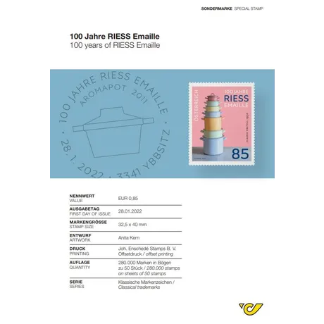 4b27bbbd1bf644c1683e2572ebc7c83d19bfadda.jpg Austrian Post stamp 2022, €0.85: '100 years of RIESS enamel' with colorful stacked pots on a pink background.