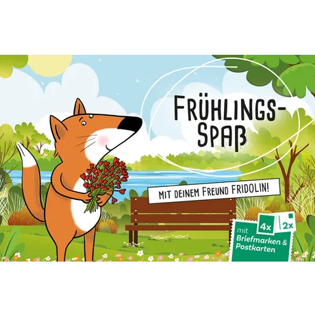 Illustration of Fridolin the fox holding flowers in a spring park. Text: 'Spring Fun' with Austrian Post stamps and postcards.