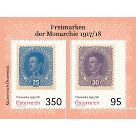 Briefmarken Österreich 1917/18: 25 Heller in Blau und 30 Heller in Lila mit Kaiser Karl I.