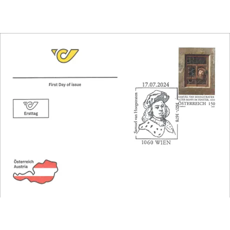 First Day Cover with Austrian Post stamp 2024, €1.50: 'Old Man at the Window' by Samuel van Hoogstraten.