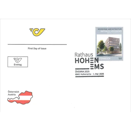 FDC_Rathaus Hohenems_0525 Ersttagsbrief mit Post-Logo, Briefmarke 'Österreich 2025, 1,00 Euro: Rathaus Hohenems' und Sonderstempel.