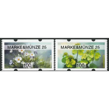 Summer - Pair-100 Briefmarken Österreich 2023, Serie 'Marke & Münze 25', Nominale 1,00 Euro: Wildblumen- und Grünpflanzenmotive.