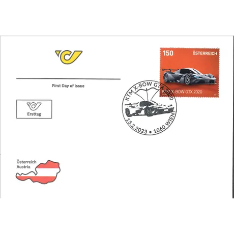Austrian Post first day cover with 2023 stamp, 1.50 Euro: KTM X-Bow GTX 2020, and special postmark from Vienna.