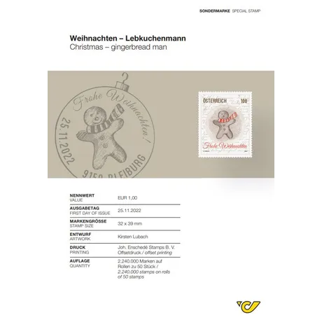 63a92419fc5c7597e85f2774c9ff7dca6d7ef411.jpg Briefmarke Österreich 2022, Nominale 1,00 €: Weihnachten-Lebkuchenmann mit Schal, Text 'Frohe Weihnachten', Ausgabe 25.11.2022.