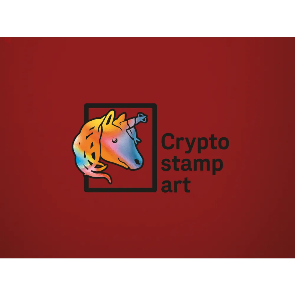 Logo der Österreichischen Post Crypto Stamp Art mit einem bunten Einhornkopf auf rotem Hintergrund.