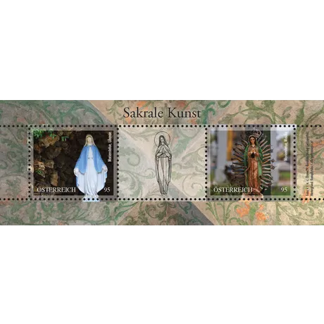 Austrian Post 2023 stamp series 'Sacred Art': 95 cents, Marian statues from Lebanon and Mexico.
