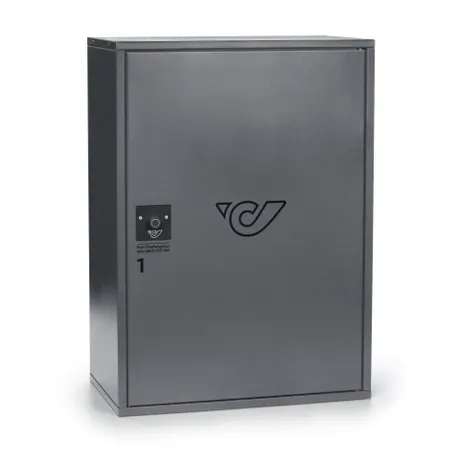 Graue Post-Empfangsbox der Österreichischen Post mit Post-Logo und Kontaktinformation auf der Vorderseite.